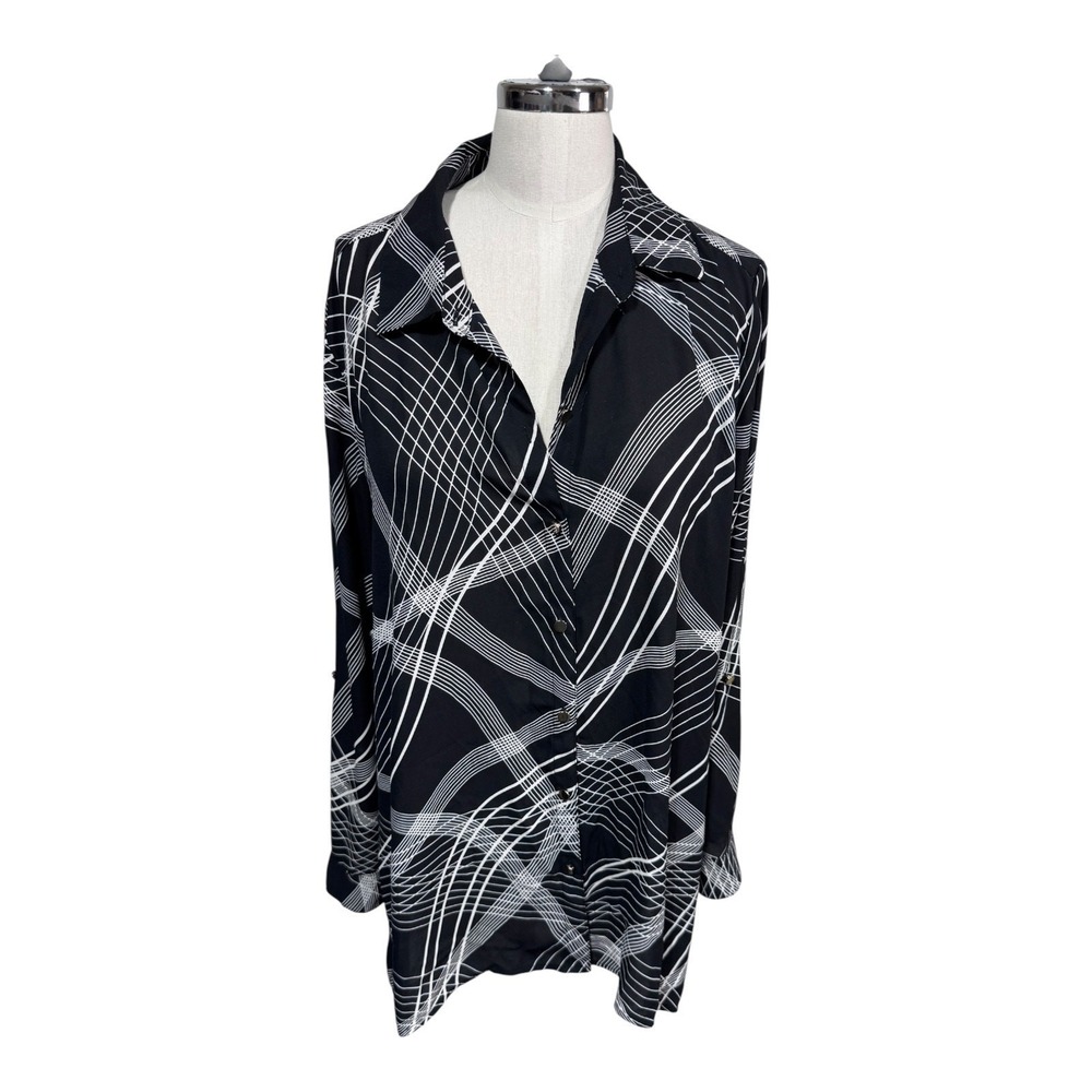 JM Collection Black White Modern Abstract Striped Button Up Blouse Size Medium